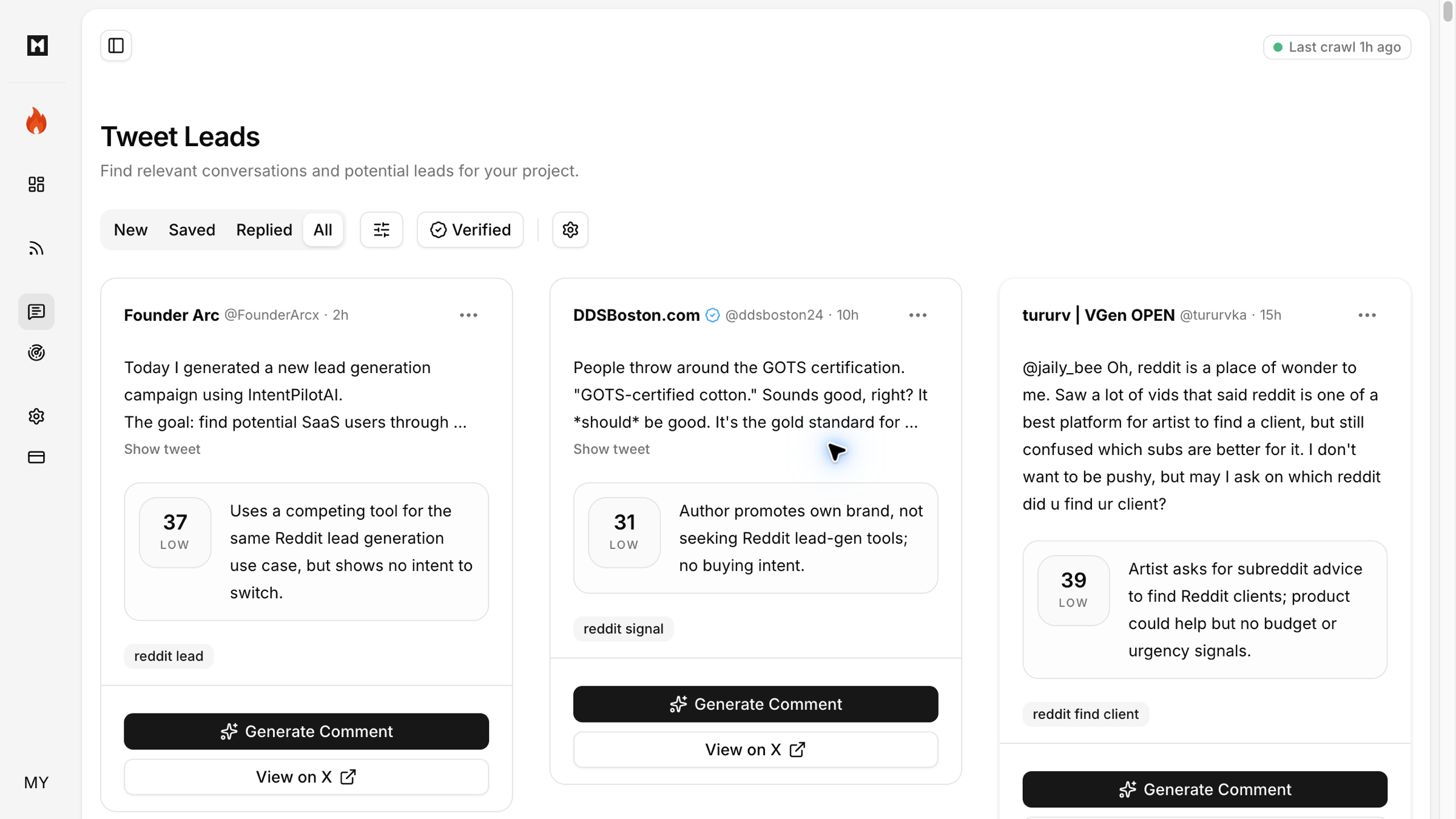 MentionLogic showing relevant X conversations, AI priority context, and human review